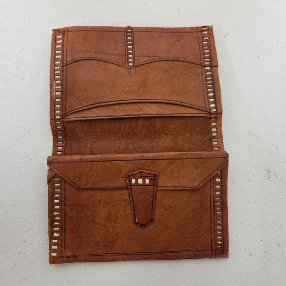 Vintage Brown Leather Gilded Wallet Hand Painted Boho Folk Art Multi Pocket - Picture 3 of 3